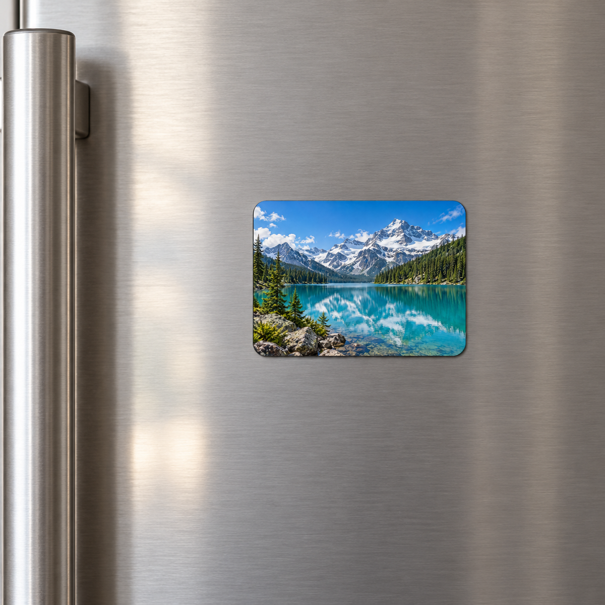 Small custom photo magnet shown on a refrigerator door
