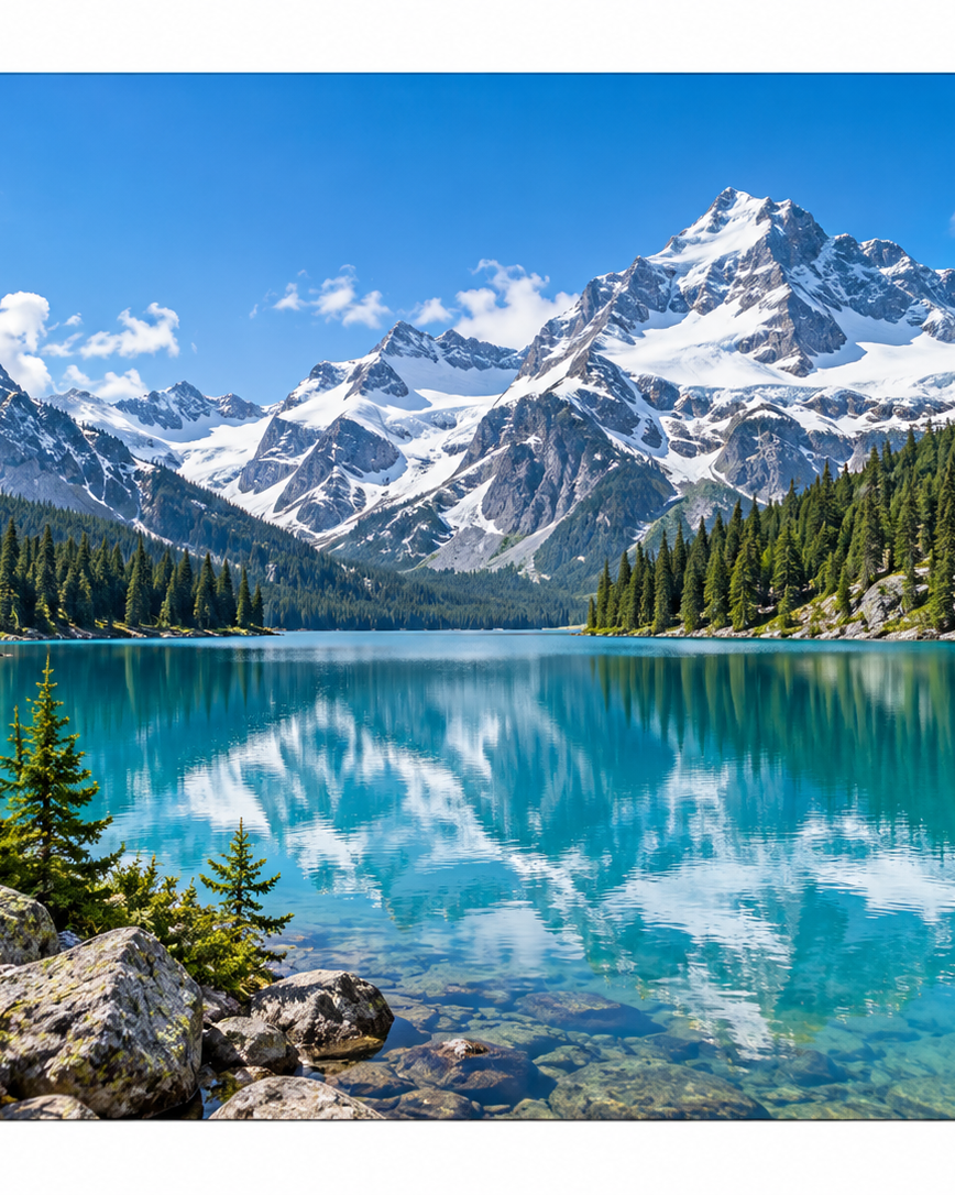 2.1 by 2.9-inch refrigerator magnet with an example mountain lake photo print