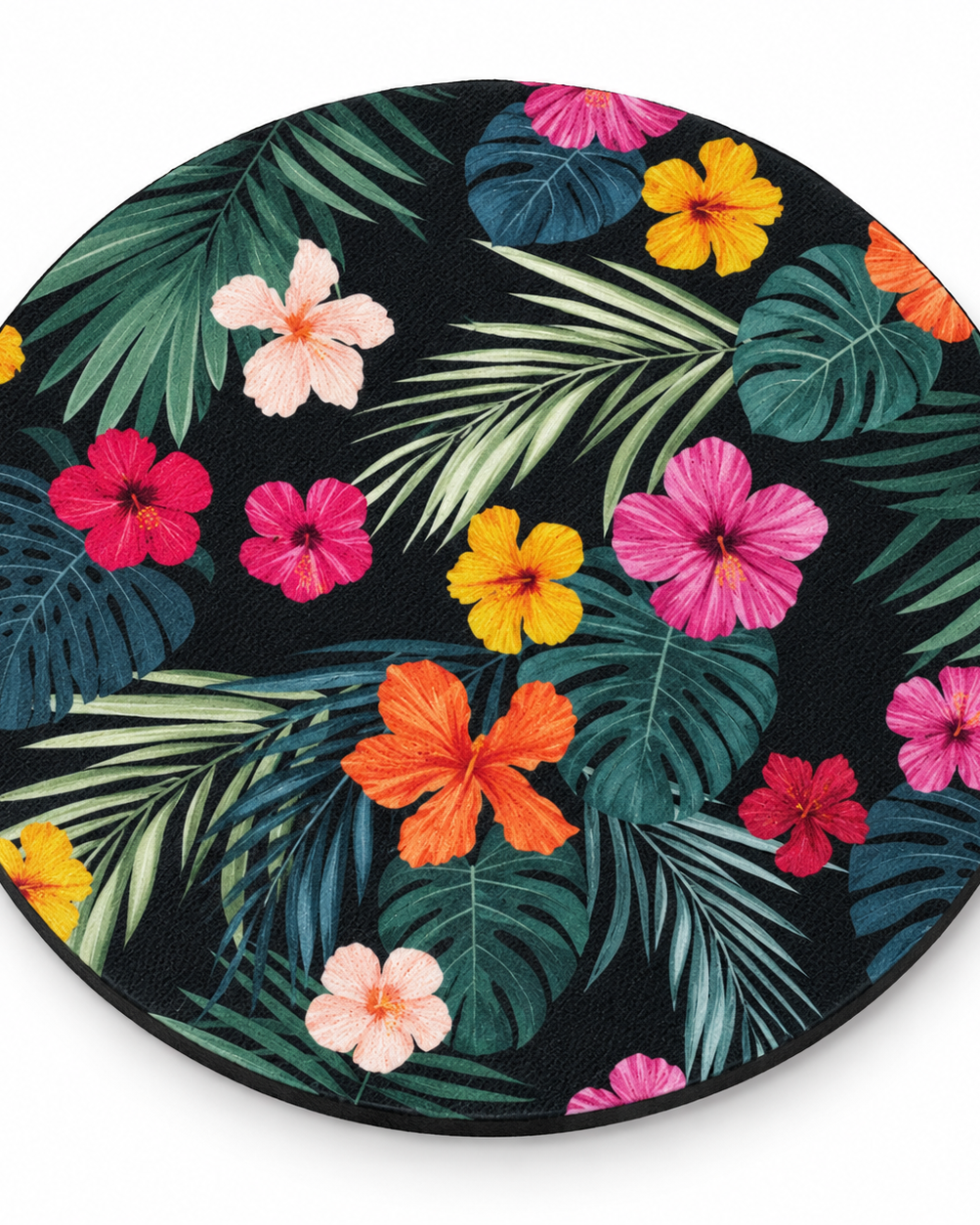 4-inch round fabric coaster with an example botanical custom print
