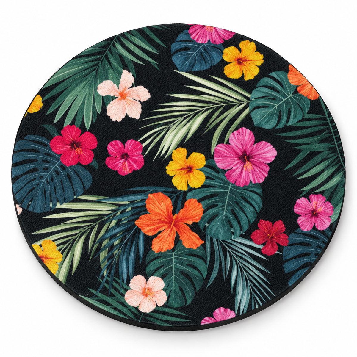 4-inch round fabric coaster with an example botanical custom print