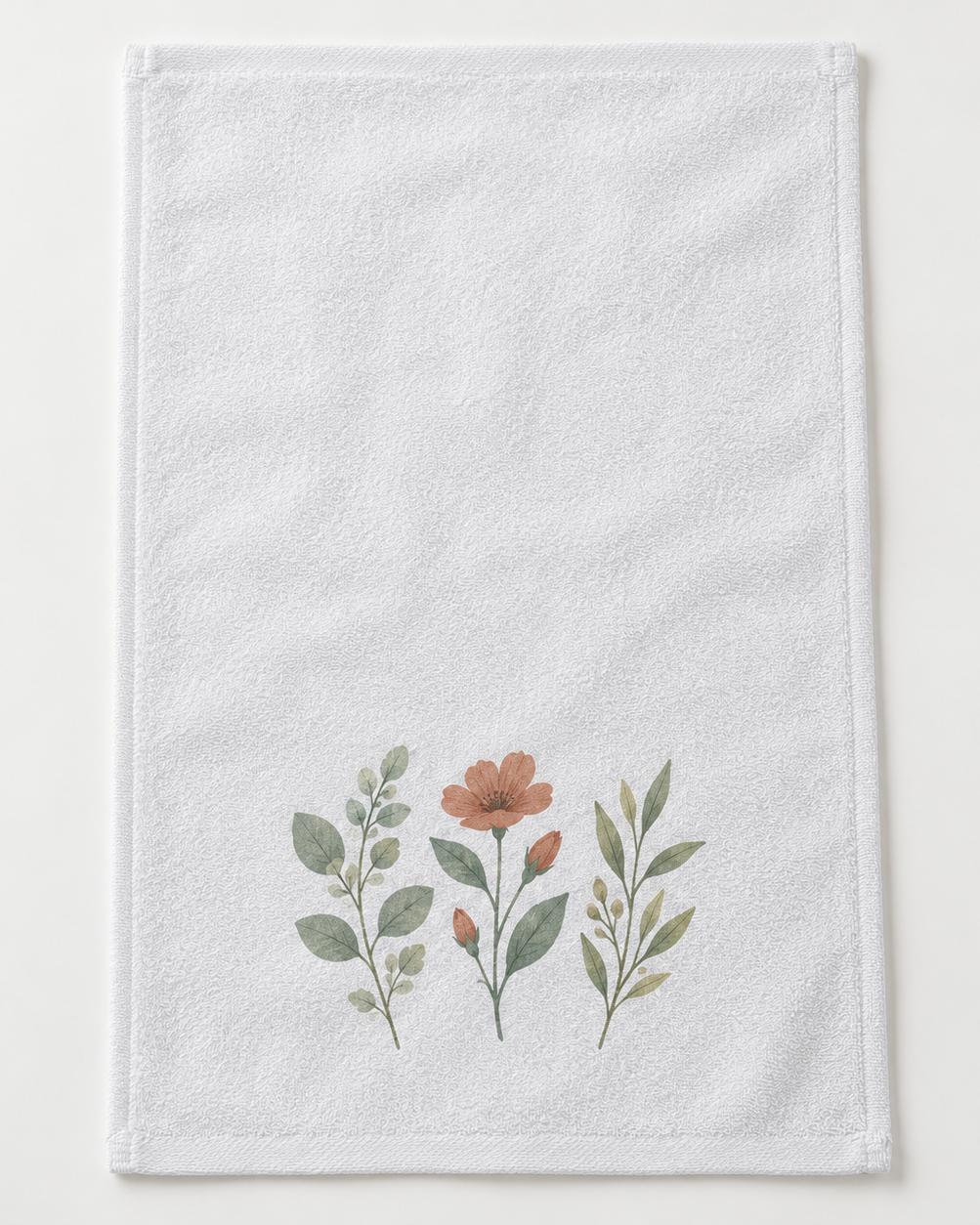 White hemmed fingertip towel with an example botanical custom print