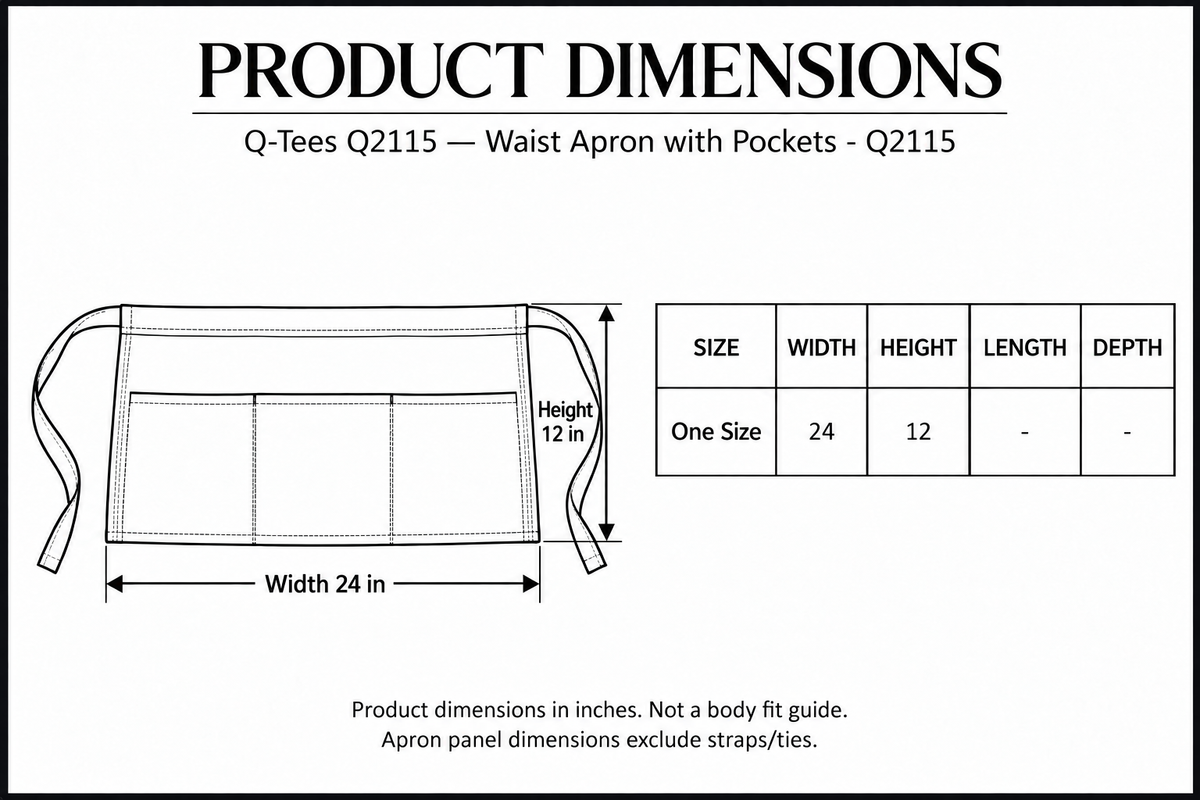 Q-Tees Q2115 waist apron product dimensions: 24 inches wide, 12 inches high, with three pocket compartments and panel measurement arrows.