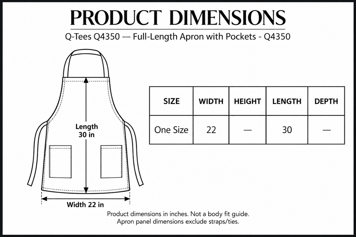 Q-Tees Q4350 apron product dimensions: 22 inches wide, 30 inches long, with separate patch pockets and panel measurement arrows.