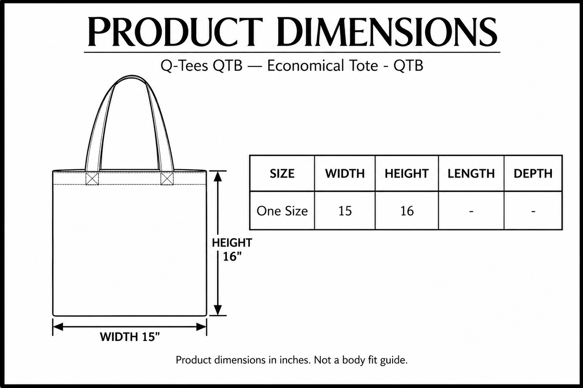 Q-Tees QTB product dimensions: width 15 inches and body height 16 inches, with measurement arrows; height excludes handles.