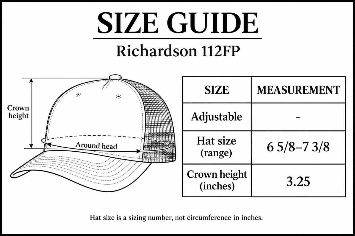 Richardson 112FP size guide with seamless five-panel front, curved around-head arrow and crown-height measurement arrow