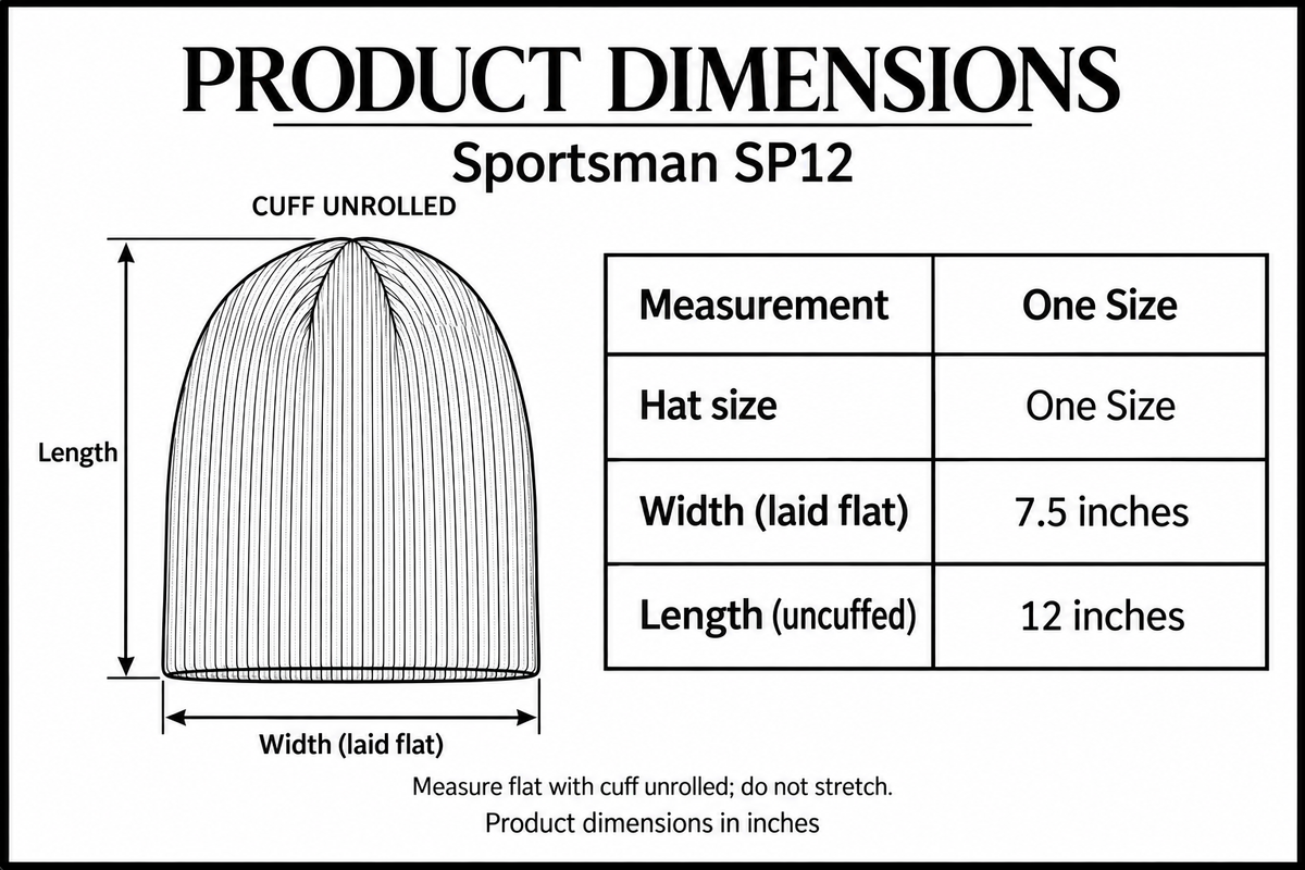 Sportsman SP12 measurements with cuff unrolled, 12 inch length and 7.5 inch laid flat width