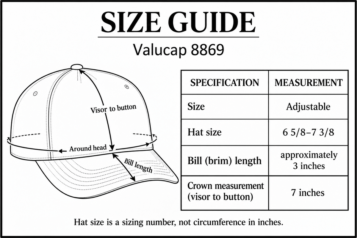 Valucap 8869 size guide with curved around-head, visor-to-button and bill-length measurement arrows