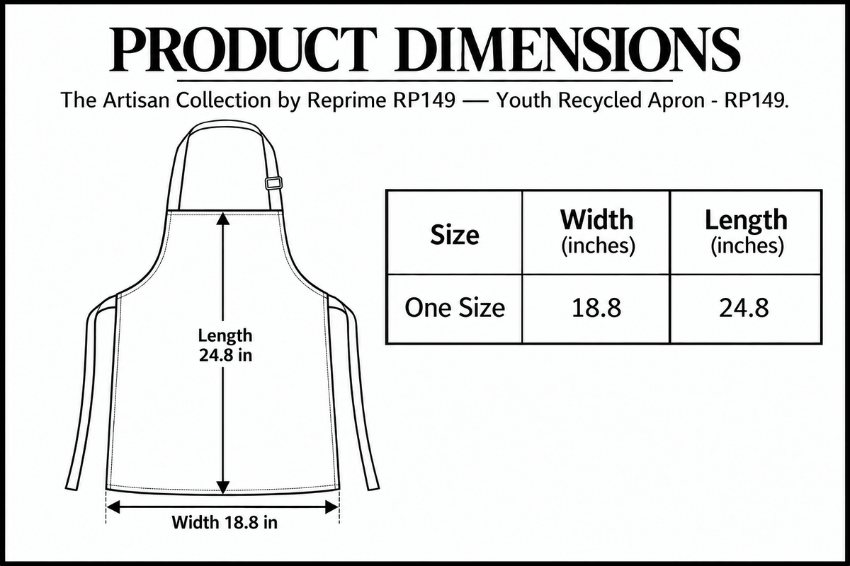 Artisan Collection by Reprime RP149 pocketless youth apron dimensions: 18.8 inches wide, 24.8 inches long, with panel measurement arrows.