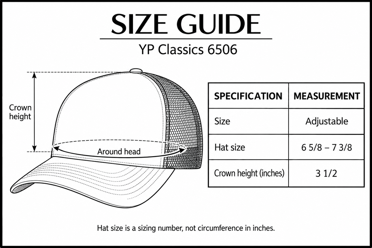 YP Classics 6506 size guide: adjustable, hat size 6 5/8–7 3/8, crown height 3 1/2 inches; five-panel seamless front and curved visor