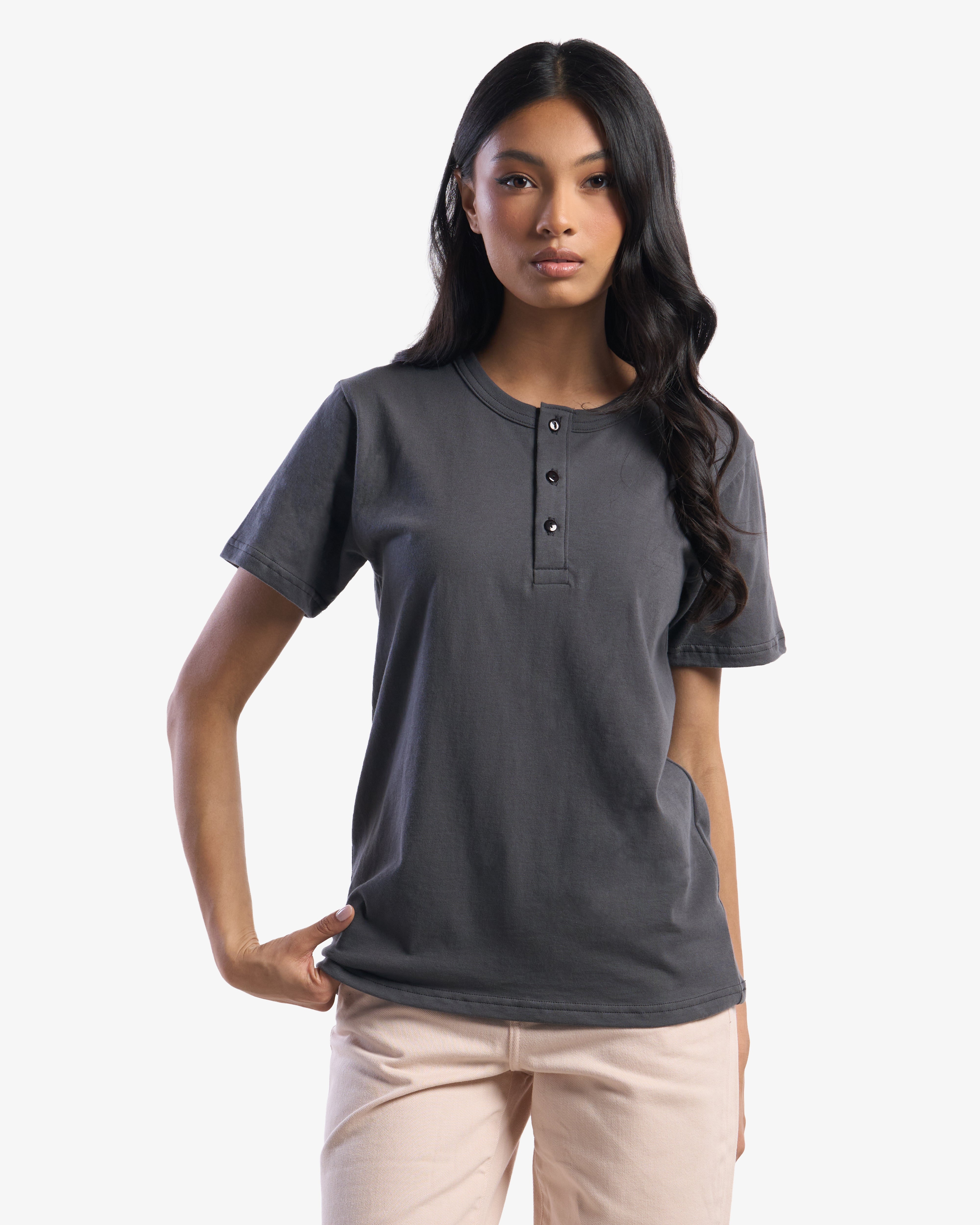 Adult Jerico Organic Short Sleeve Henley, style 10, Oil Grey