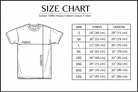 Size chart for Gildan 5000 Heavy Cotton Unisex T-shirt with shirt diagram and measurements.