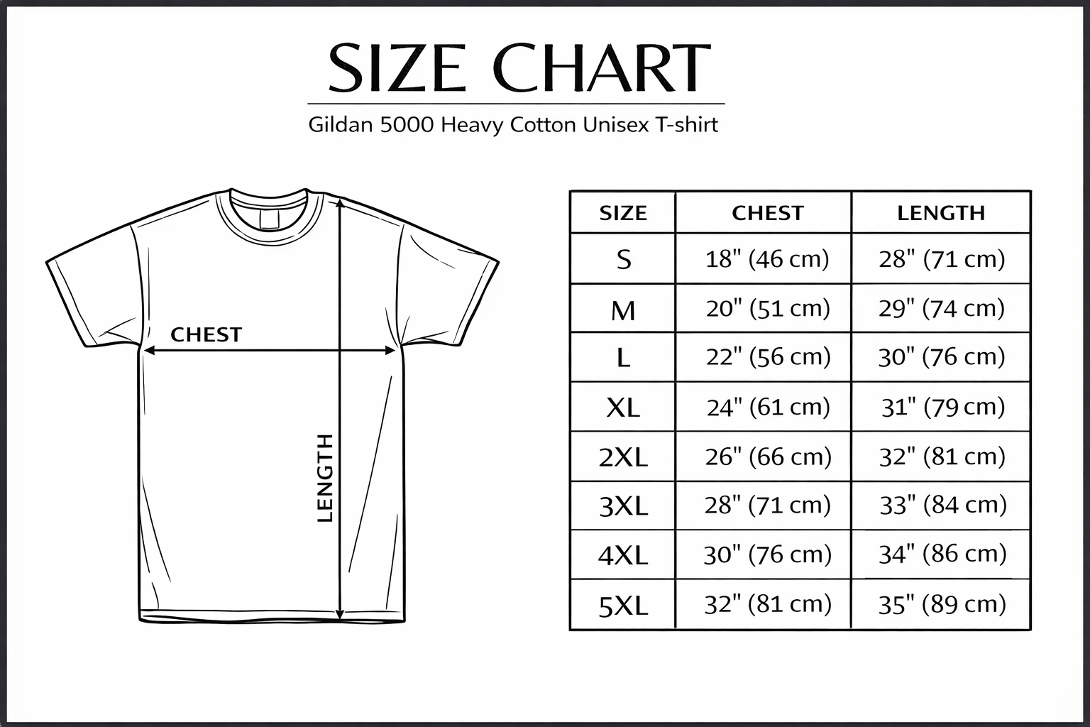 Size chart for Gildan 5000 Heavy Cotton Unisex T-shirt with shirt diagram and measurements.
