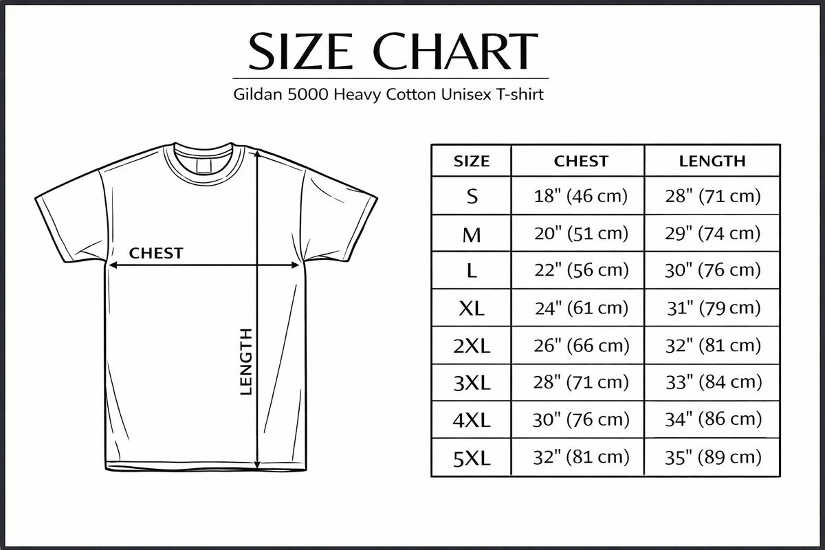 Size chart for Gildan 5000 Heavy Cotton Unisex T-shirt with shirt diagram and measurements.