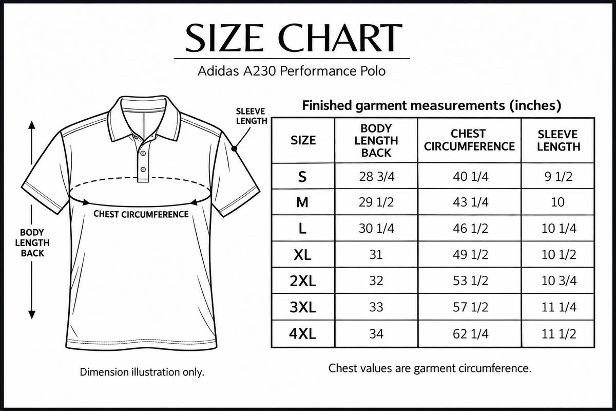 adidas-a230 size chart with labelled measurement dimensions