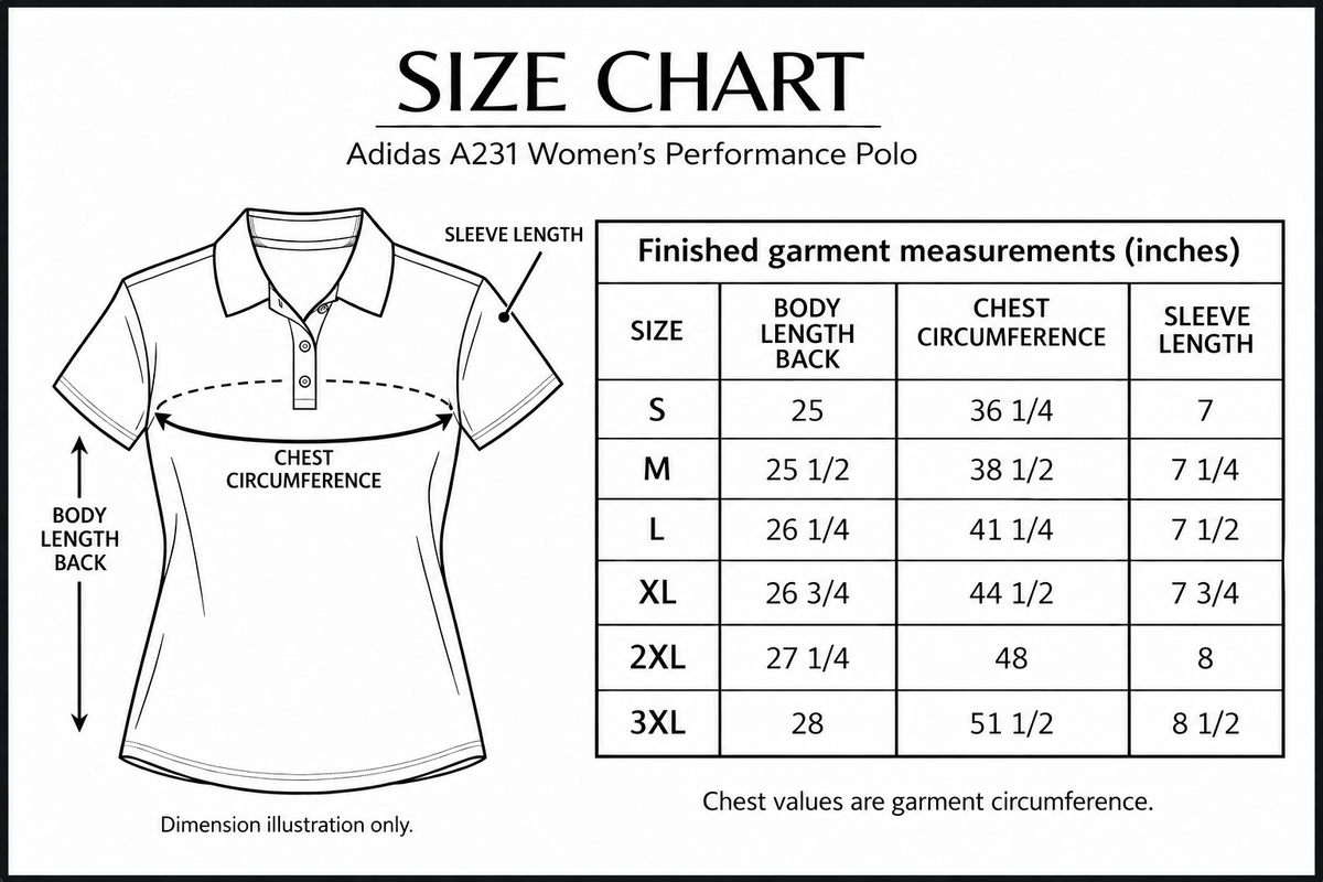 adidas-a231 size chart with labelled measurement dimensions