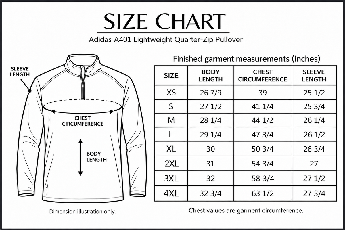 adidas-a401 size chart with labelled measurement dimensions