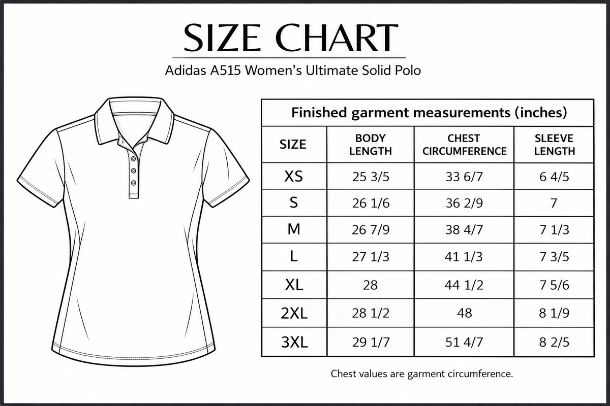Adidas A515 Women's Ultimate Solid Polo Size Chart