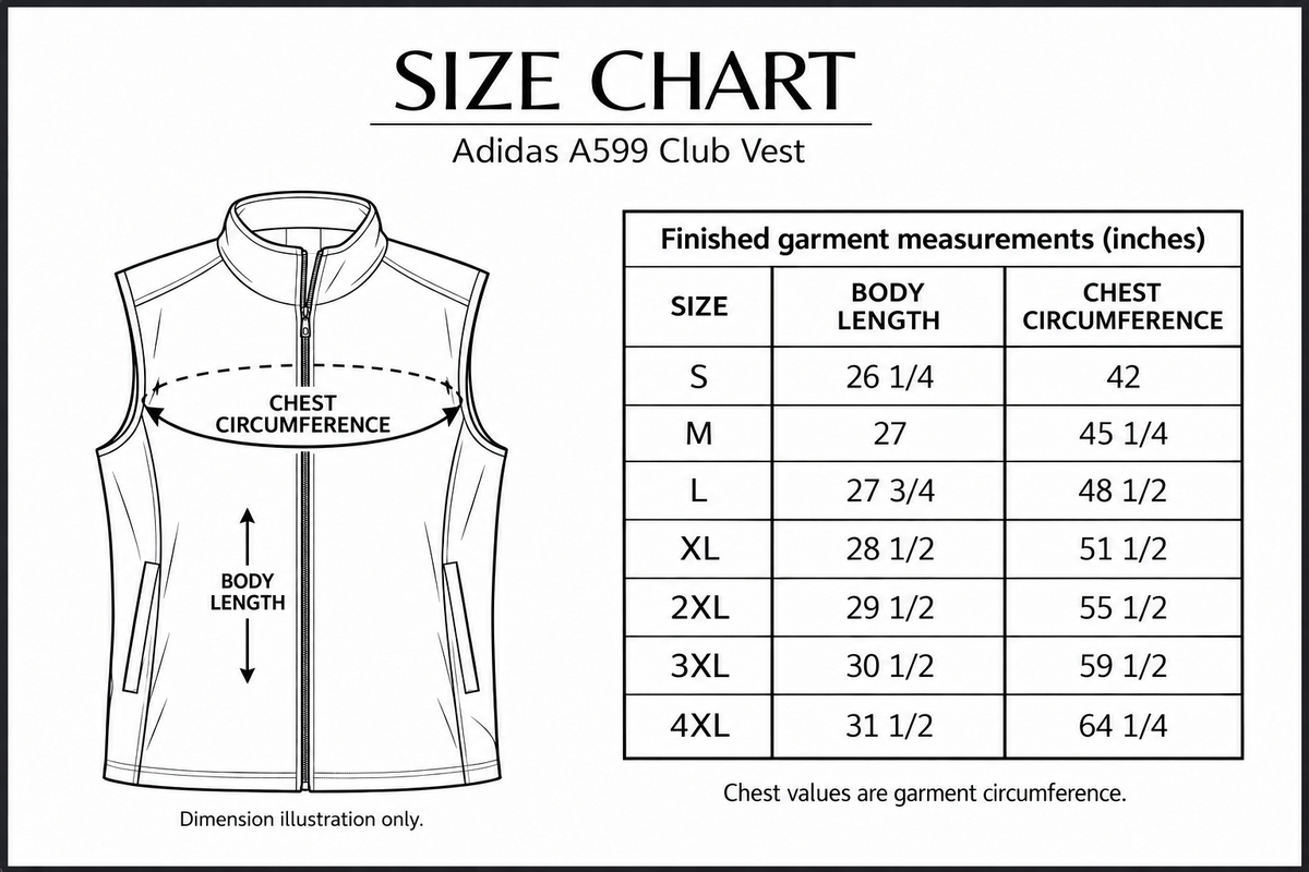 adidas-a599 size chart with labelled measurement dimensions