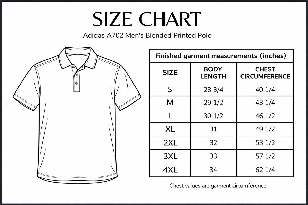 Adidas A702 Men's Blended Printed Polo Size Chart