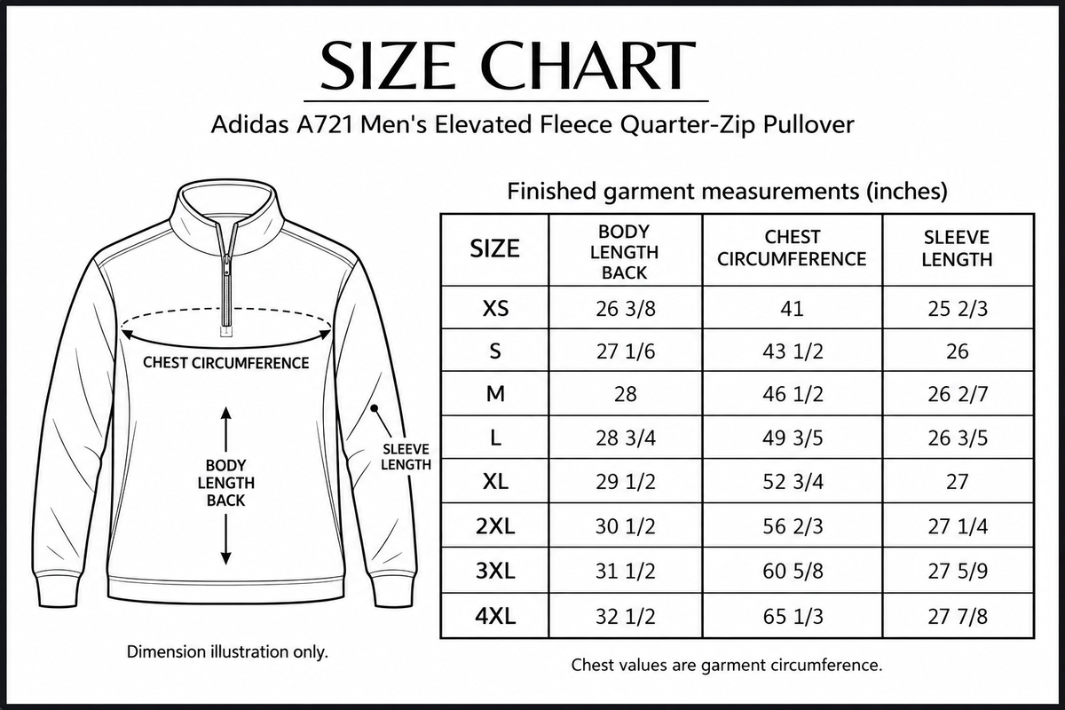 adidas-a721 size chart with labelled measurement dimensions