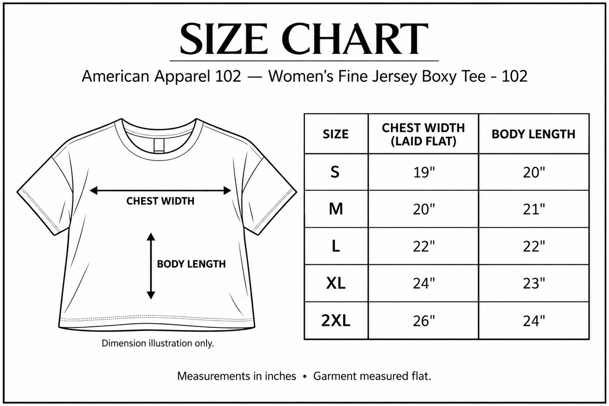 american-apparel-102 size chart with labelled measurement dimensions