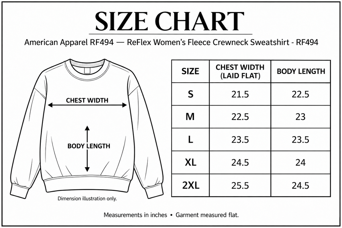 american-apparel-rf494 size chart with labelled measurement dimensions