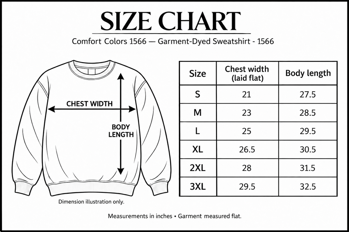 comfort-colors-1566 size chart with labelled measurement dimensions