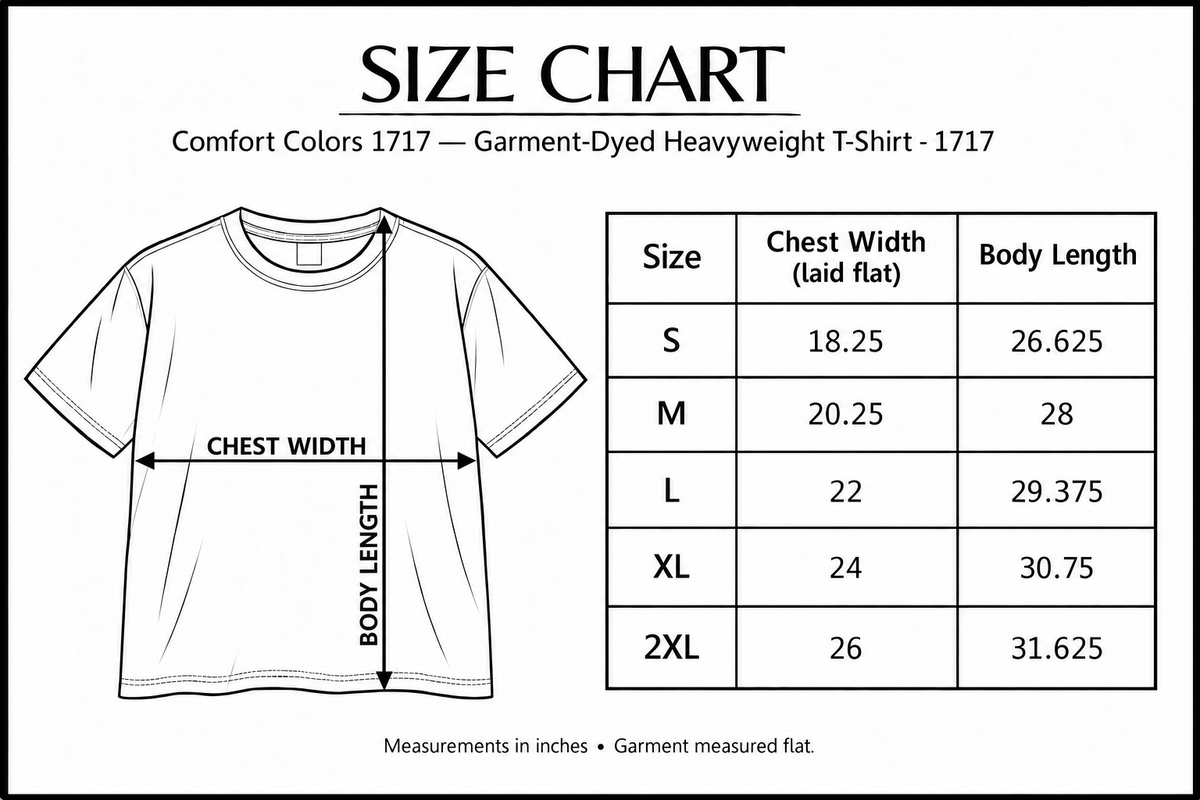 Comfort Colors 1717 size chart with chest width and body length measurement arrows