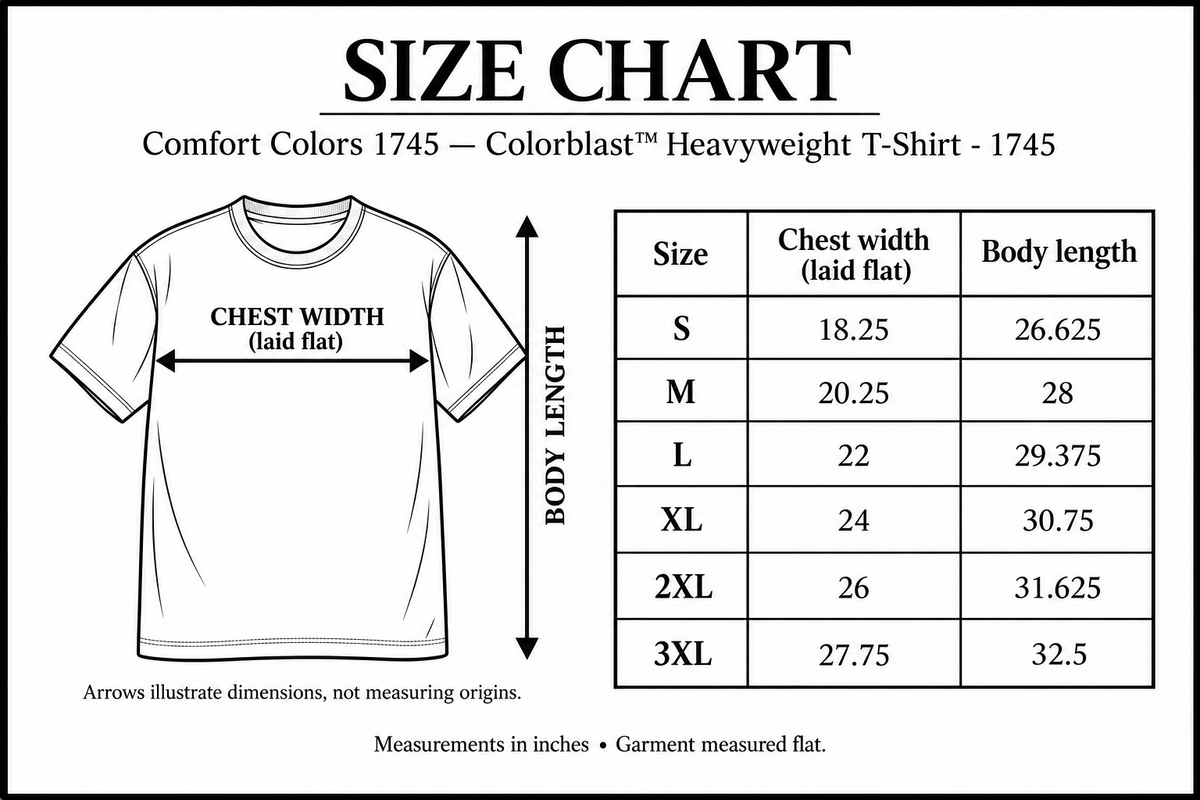 Comfort Colors 1745 size chart with labeled laid-flat chest-width and body-length arrows. Existing measurements in inches.