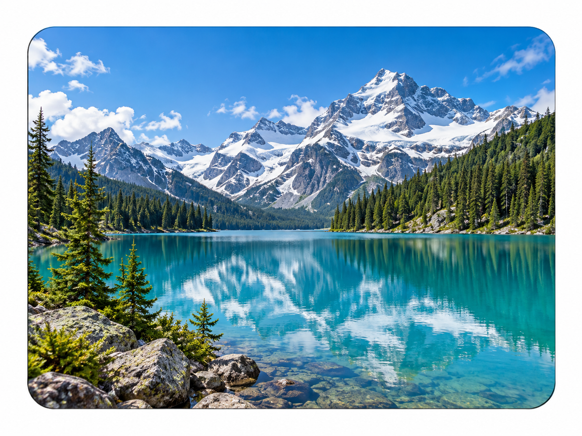 2.1 by 2.9-inch refrigerator magnet with an example mountain lake photo print