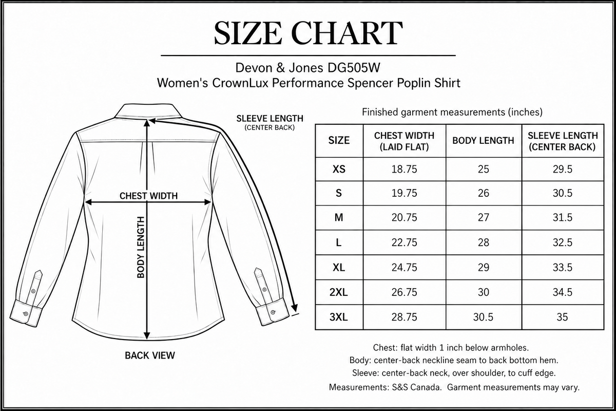 Devon & Jones DG505W women's Spencer poplin shirt size chart in inches, XS to 3XL, with center-back body length, chest width and center-back-to-cuff sleeve arrows.