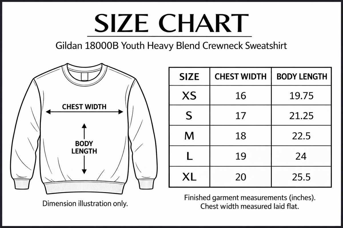 gildan-18000b size chart with labelled measurement dimensions