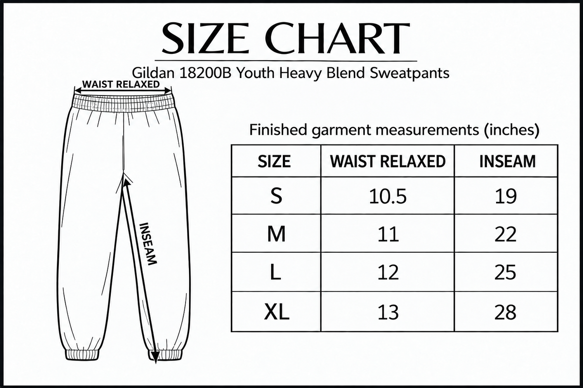 Gildan 18200B size chart with flat relaxed waist and inseam measurement arrows