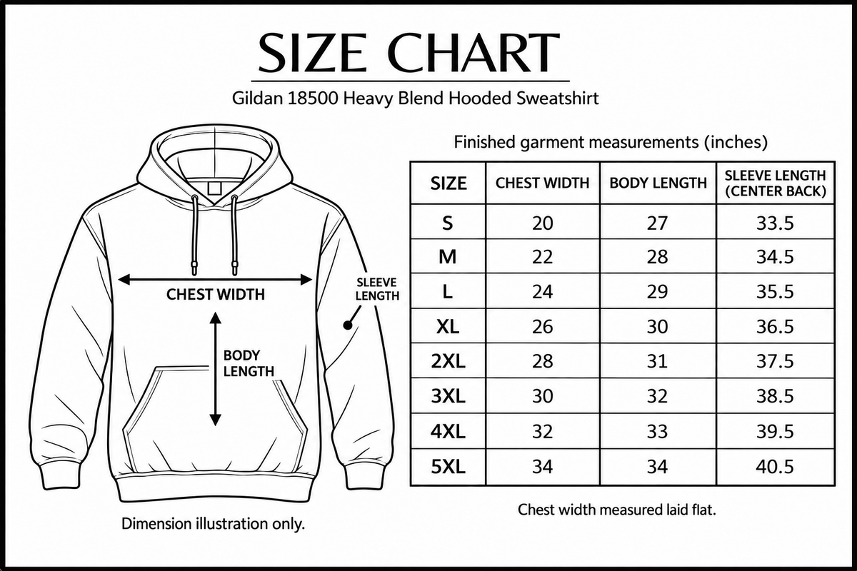 gildan-18500 size chart with labelled measurement dimensions