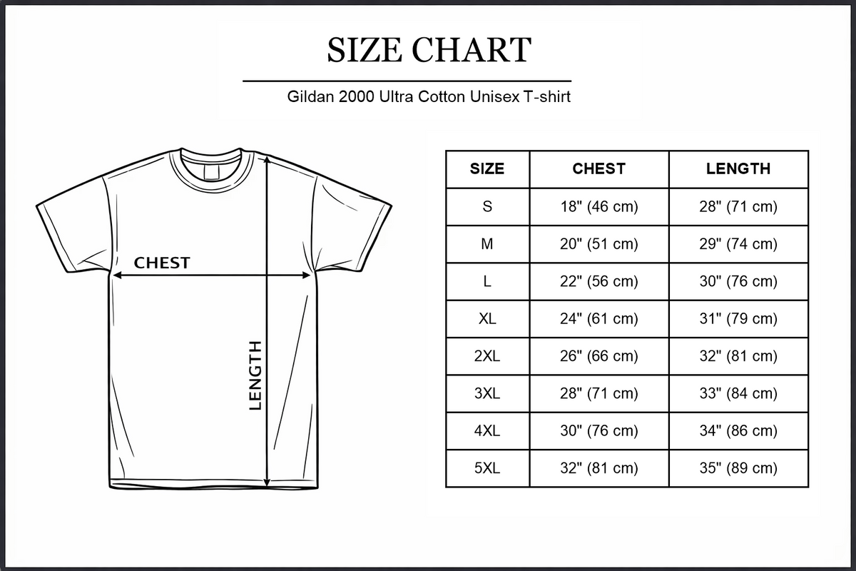 Gildan 2000 Ultra Cotton T-shirt size chart