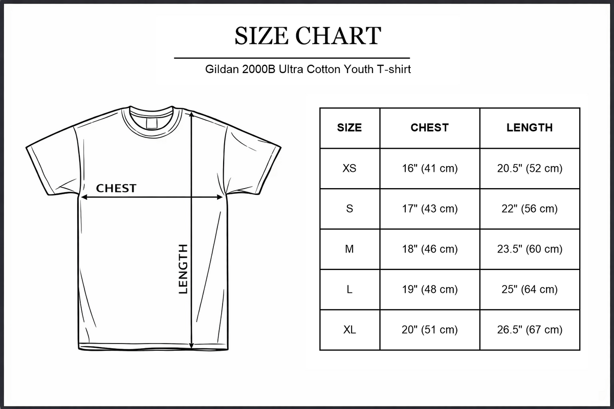 Gildan 2000B Youth Ultra Cotton T-shirt size chart