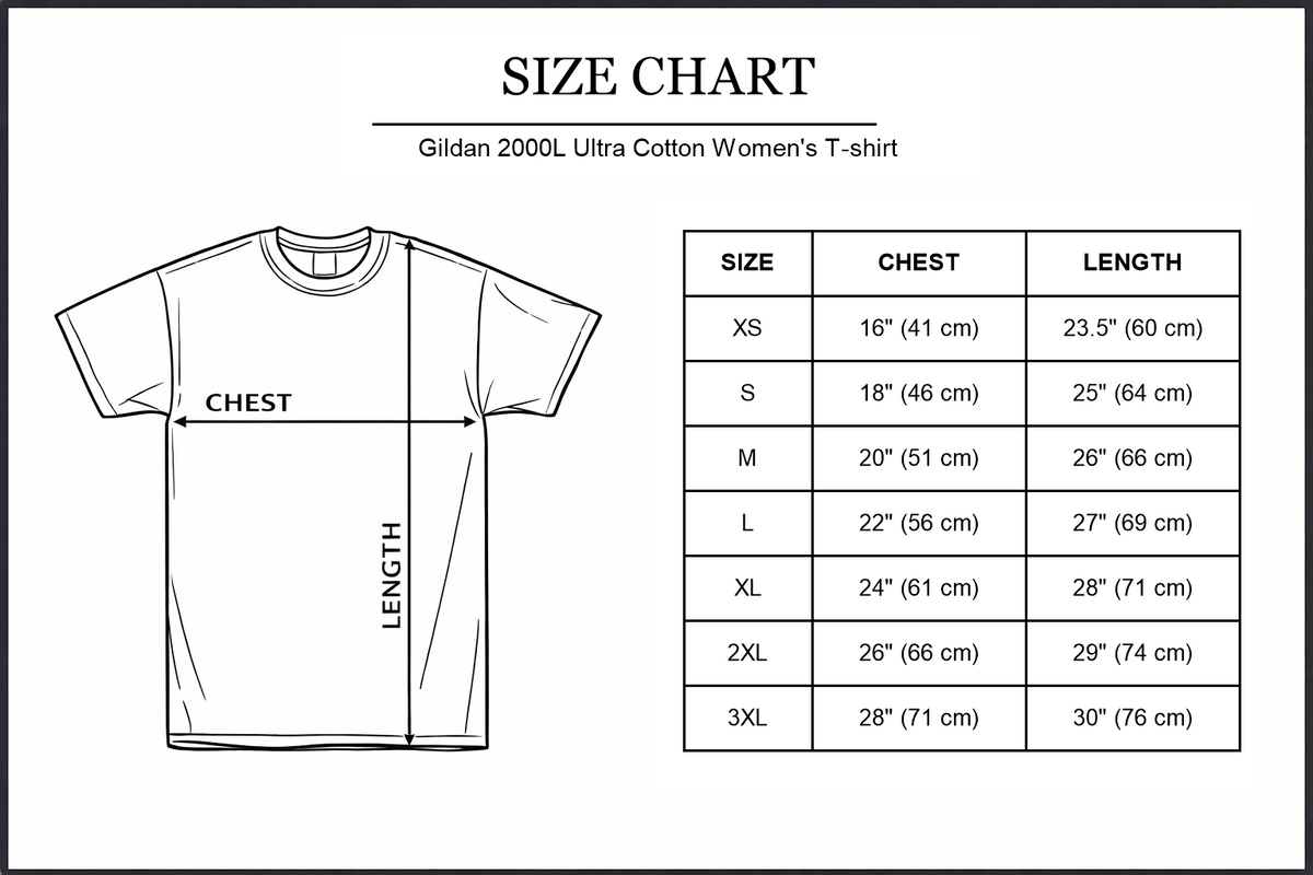 Gildan 2000L Women's Ultra Cotton T-shirt size chart