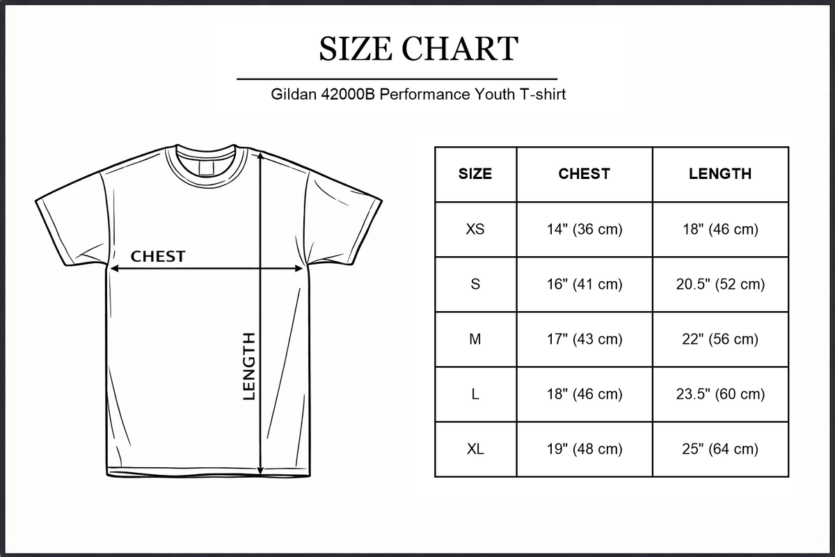 Gildan 42000B youth Performance size chart