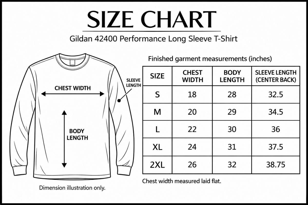 gildan-42400 size chart with labelled measurement dimensions