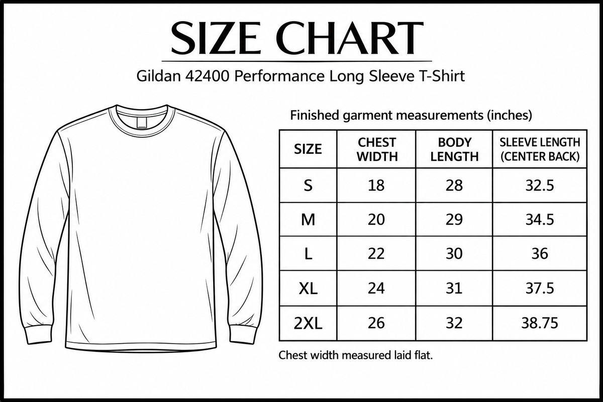 Gildan 42400 Performance Long Sleeve T-Shirt size chart in inches