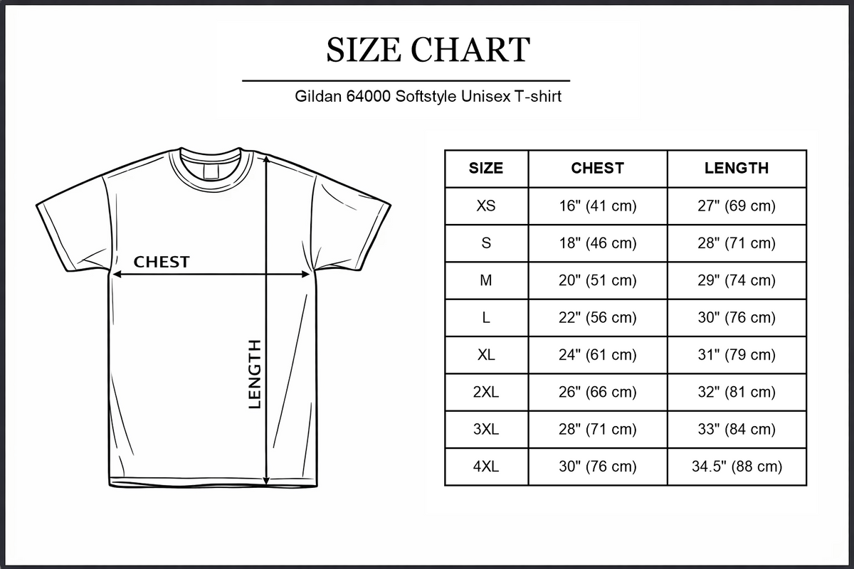 Gildan 64000 Softstyle unisex T-shirt size chart