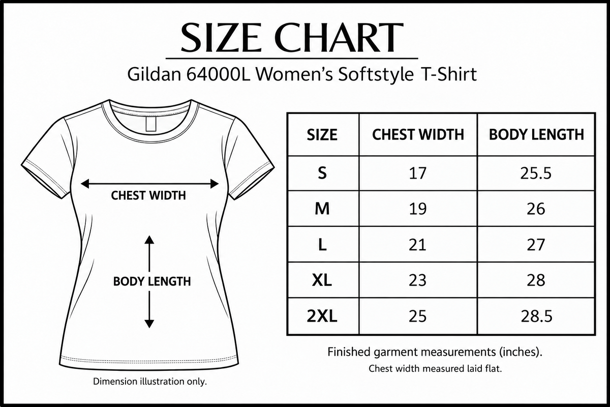gildan-64000l size chart with labelled measurement dimensions