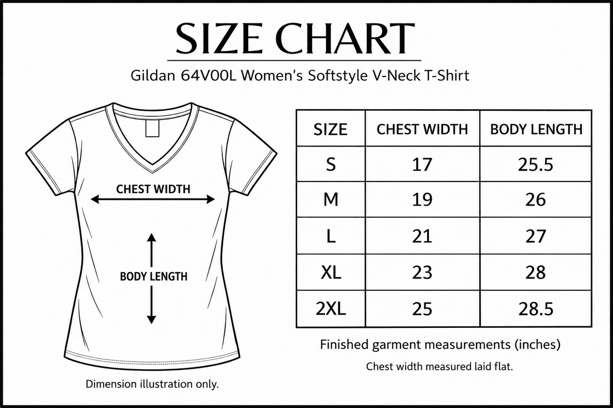 gildan-64v00l size chart with labelled measurement dimensions