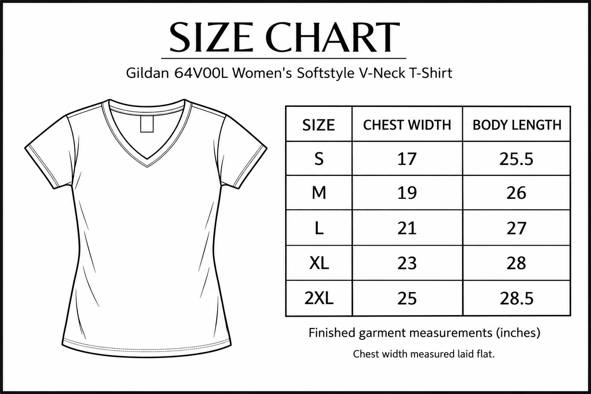 Gildan 64V00L Women's Softstyle V-Neck T-Shirt Size Chart
