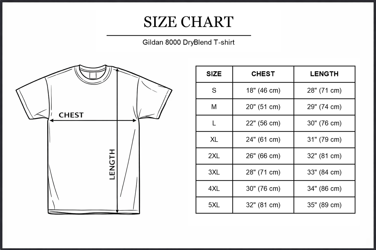 Gildan 8000 DryBlend size chart