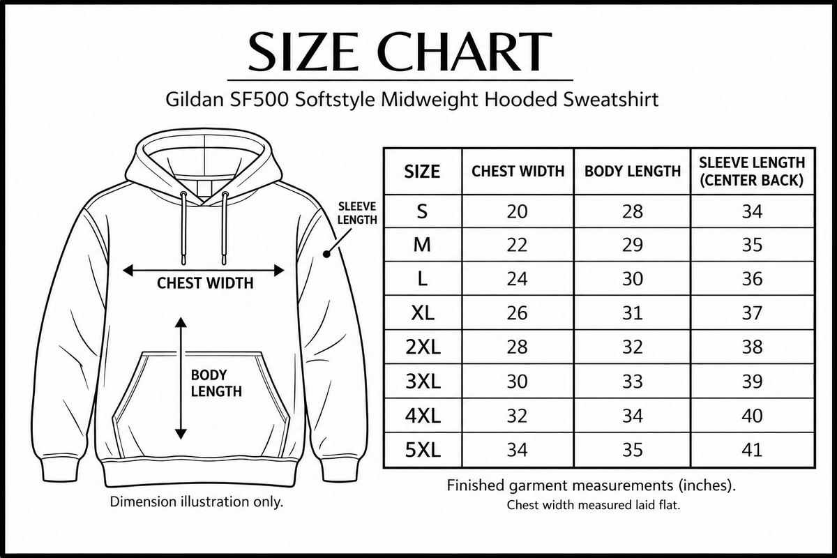 gildan-sf500 size chart with labelled measurement dimensions