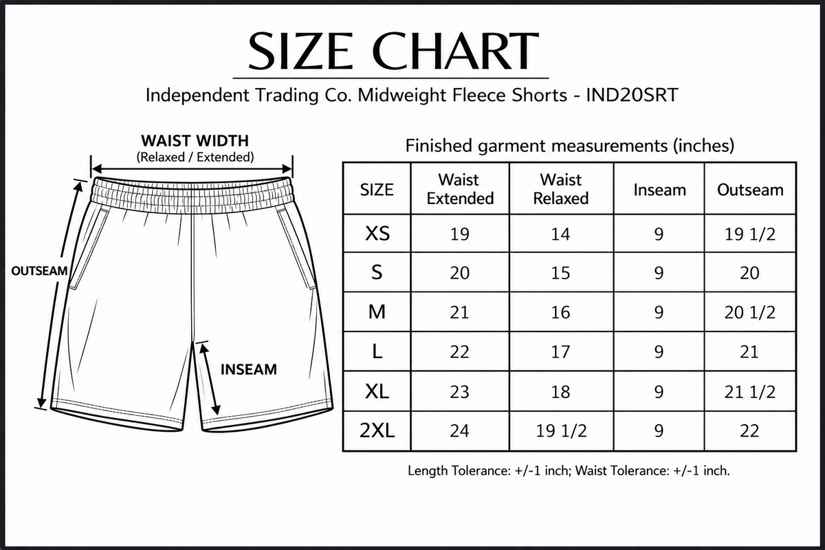 Independent Trading Co. IND20SRT size chart with waist width, inseam and outseam guides