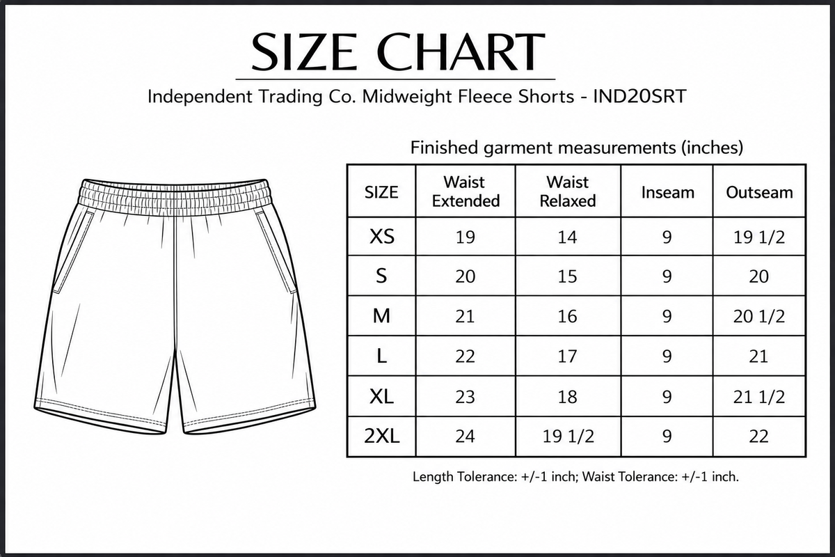 Independent Trading Co. Midweight Fleece Shorts - IND20SRT size chart; finished garment measurements in inches.