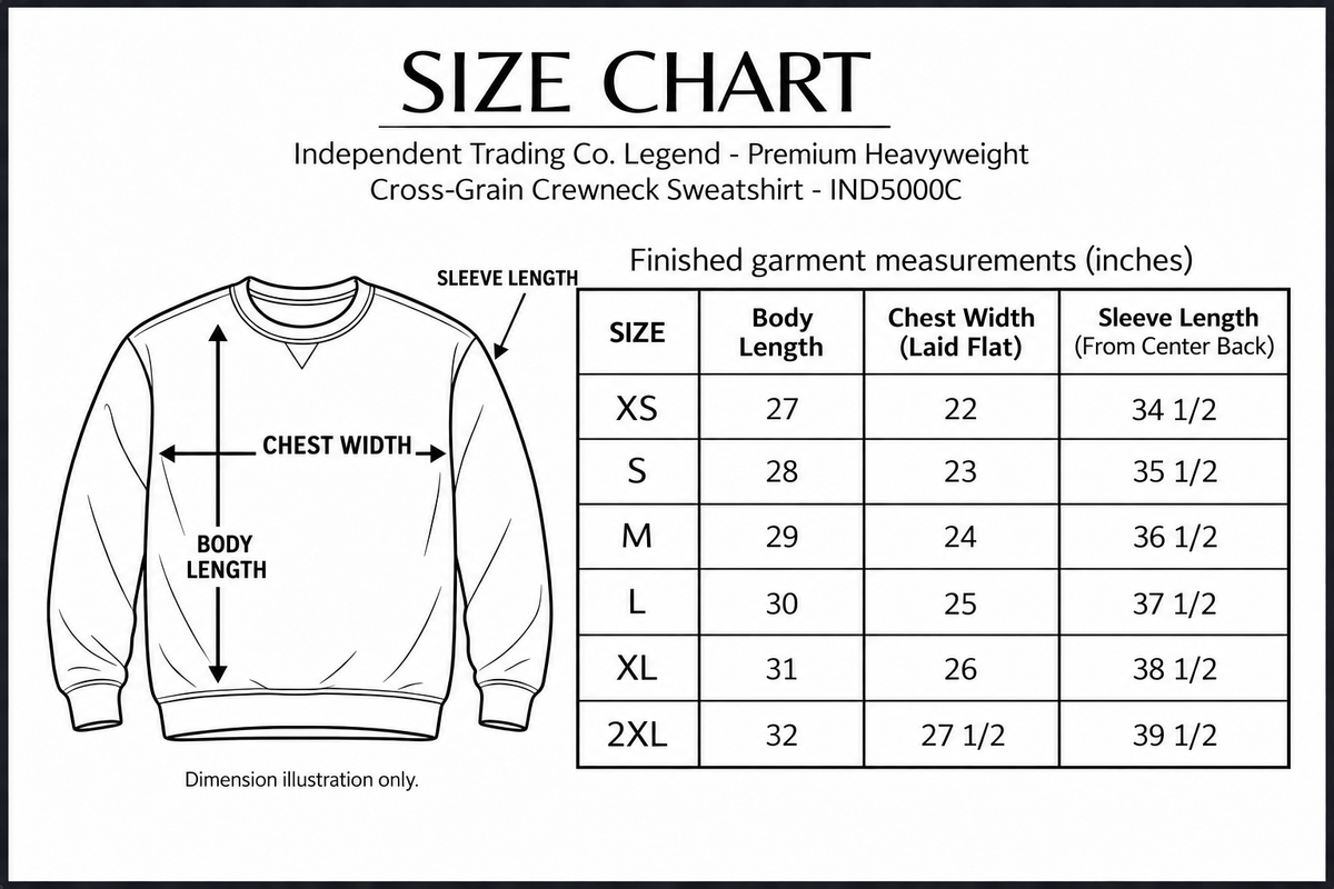 independent-ind5000c size chart with labelled measurement dimensions