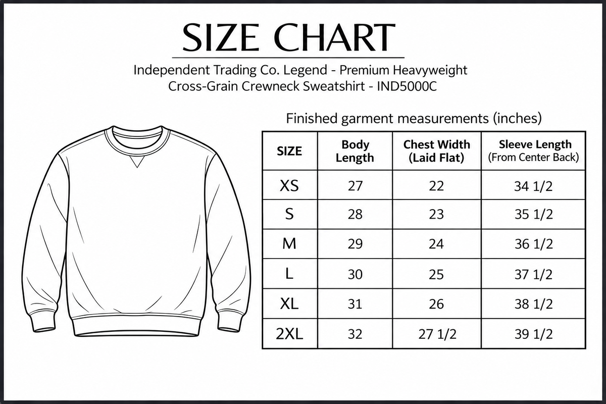 Independent Trading Co. Legend - Premium Heavyweight Cross-Grain Crewneck Sweatshirt - IND5000C size chart; finished garment measurements in inches.